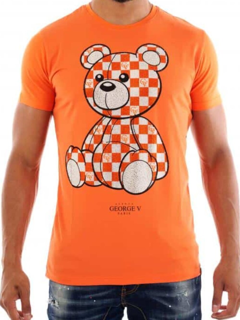 Avenue George V Paris Men's Orange T-Shirt Teddy Bear Fitted Rhinestone XL NWT